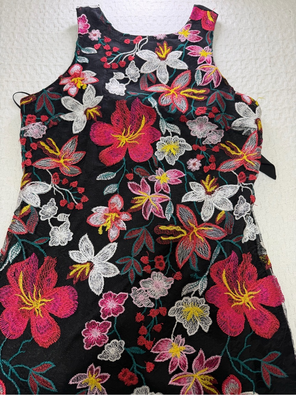 Sam Edelman Black Floral Embroidered Tank Dress with Pink & White Blooms